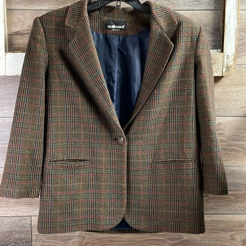 Sag Harbor Men’s Dress Coat, Dark Brown Plaid , See Measurements, Vintage